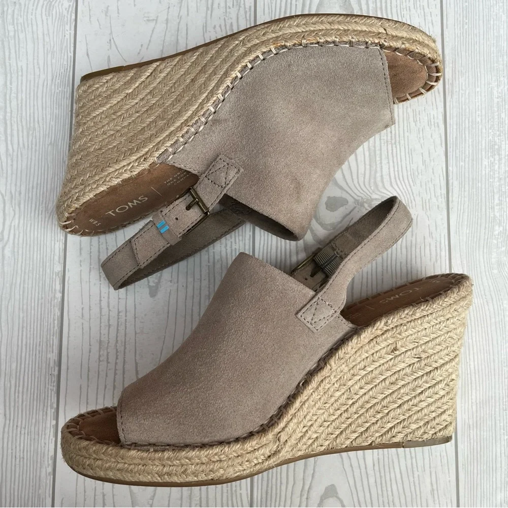 TOMS Monica Wedge Espadrille Sandals Desert Taupe Suede Size 9.5 M